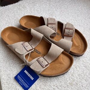 Birkenstock Arizona Suede Two-Strap Sandals in Light Taupe